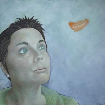 Ölbild einer Frau in grünem Pullover mit einer fliegenden Feder, welches das Element Luft verkörpert